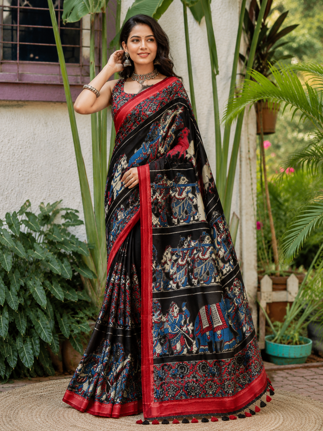 Black Kalamkari Chinnori Silk Saree with Temple Motifs