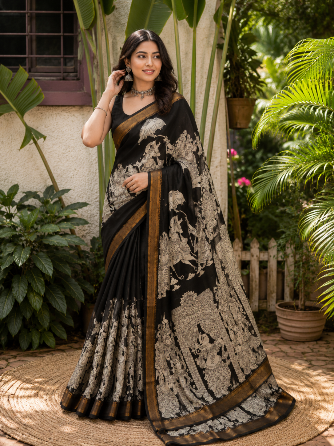 Black Kalamkari Chinnori Silk Saree with Silver Motifs