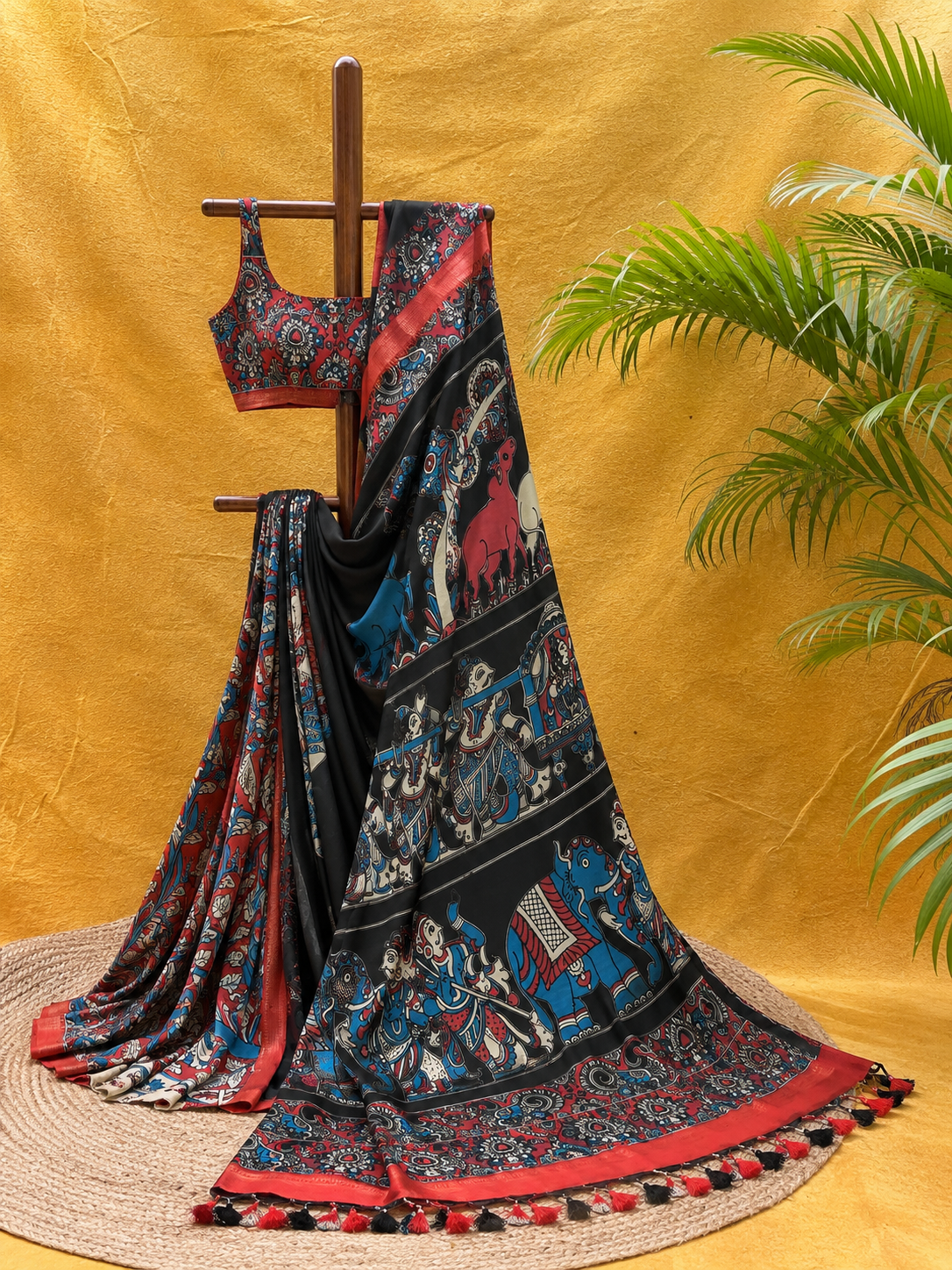 Black Kalamkari Chinnori Silk Saree with Temple Motifs