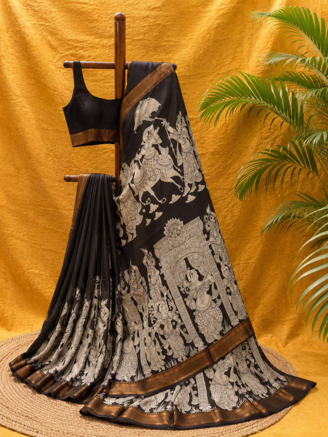 Black Kalamkari Chinnori Silk Saree with Silver Motifs