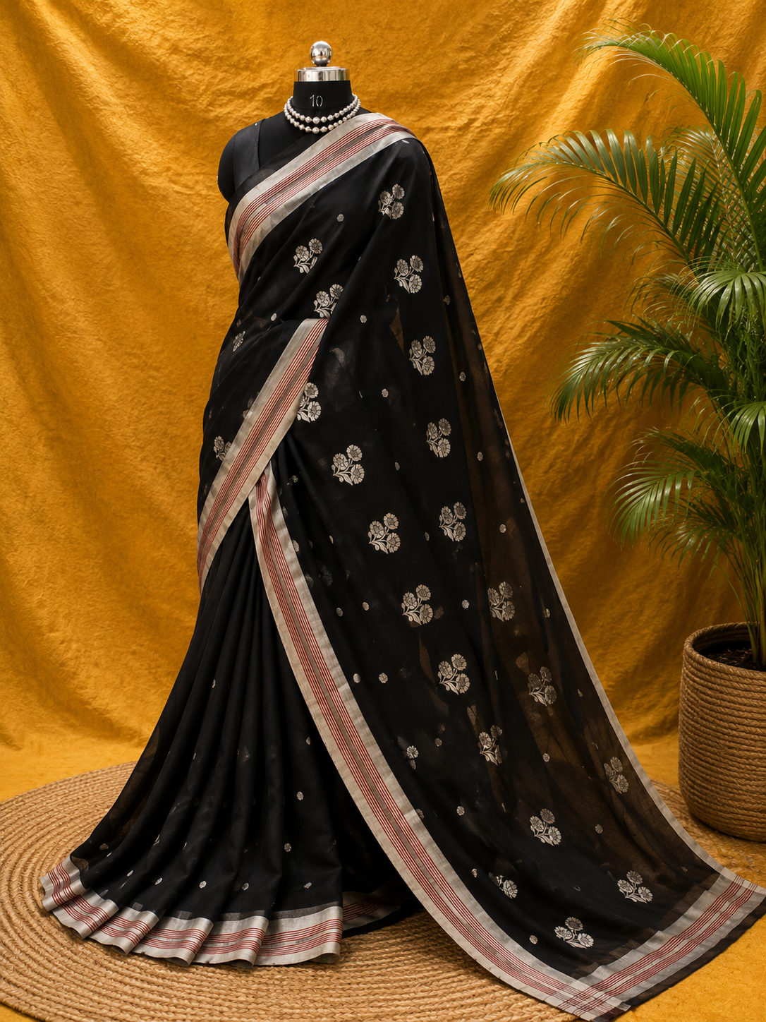 Black Chanderi Cotton Silk Saree with Silver Buttas