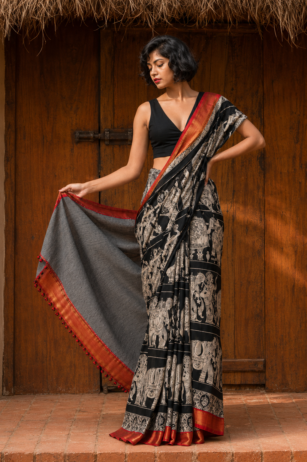 Black Ivory Kalamkari Chinnori Silk Saree