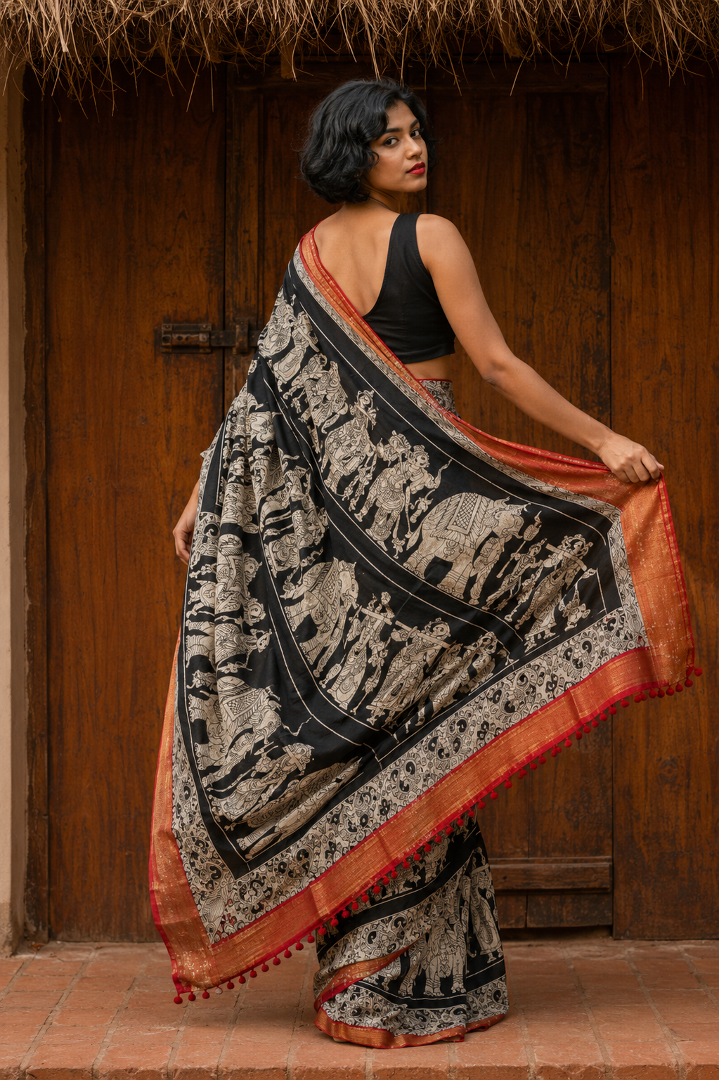 Black Ivory Kalamkari Chinnori Silk Saree