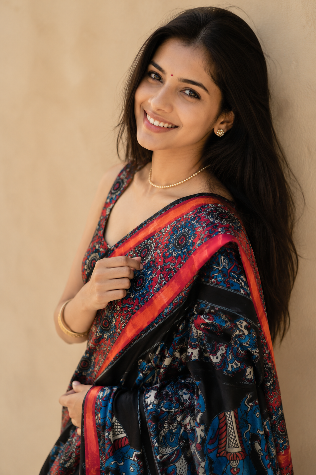 Black Kalamkari Chinnori Silk Saree with Temple Motifs