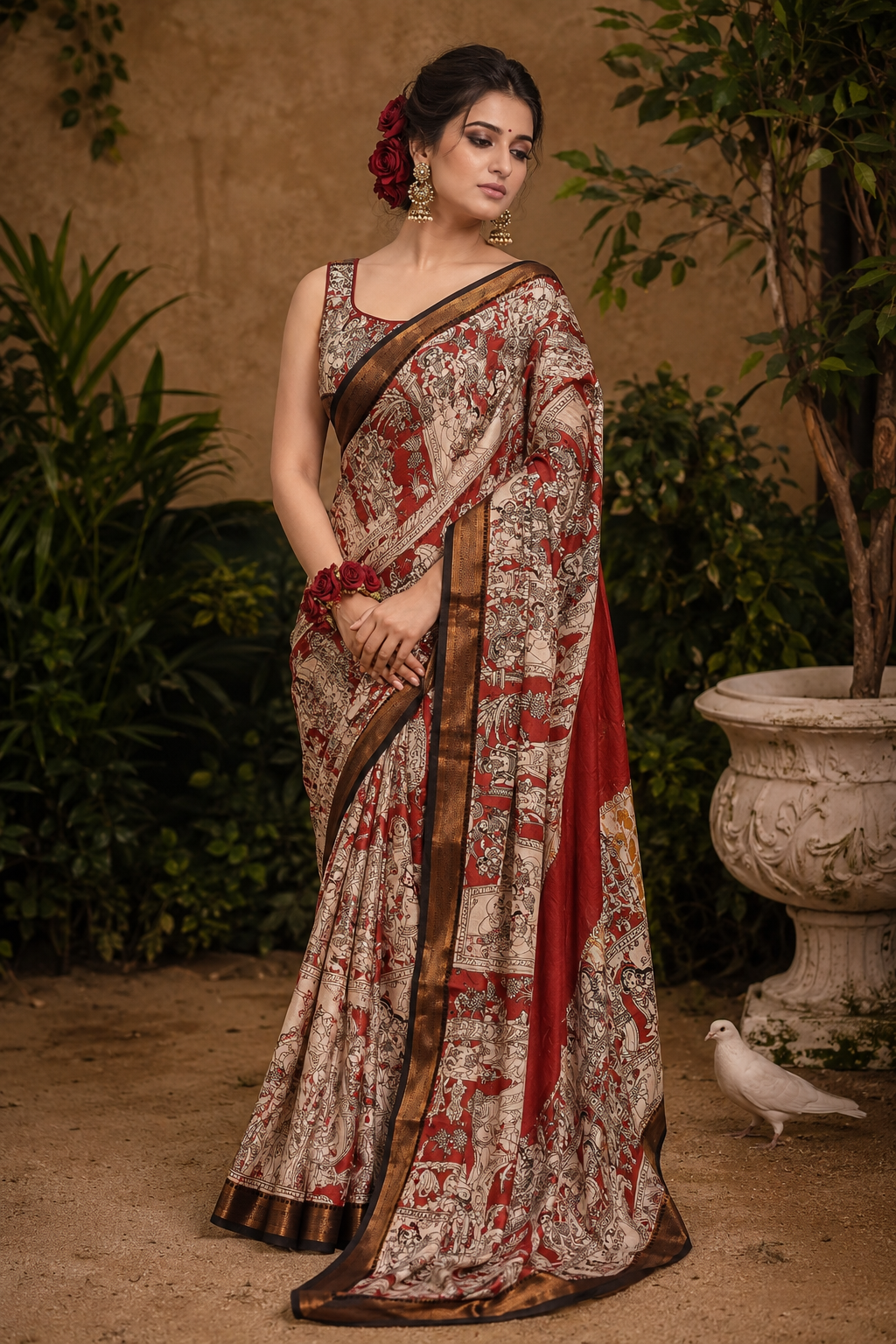 Chocolate Brown Kalamkari Chinnori Silk Saree