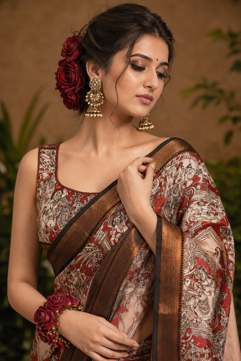 Chocolate Brown Kalamkari Chinnori Silk Saree